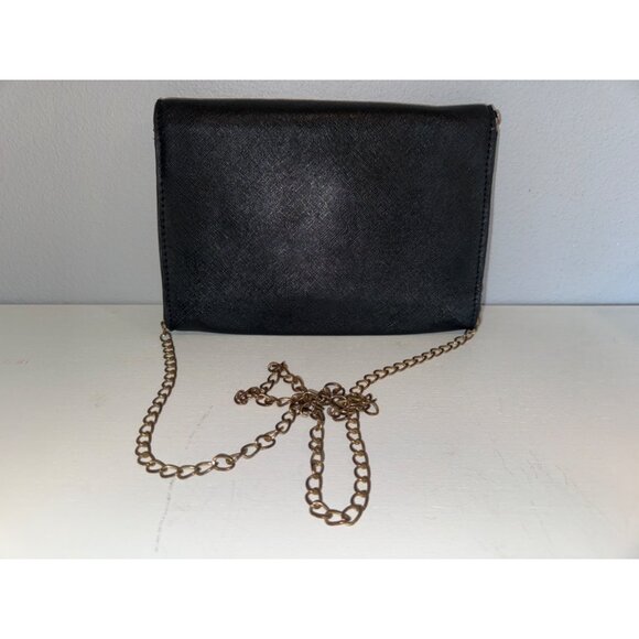Vintage Purse Small Black Leather Flower Applique Party Cocktail Shoulder Chain - Picture 8 of 8